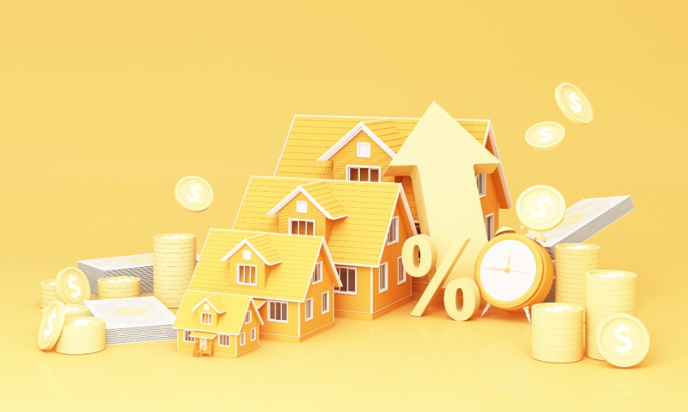 Miniature Yellow Houses, Coins, Clock, and Arrow Up Symbol